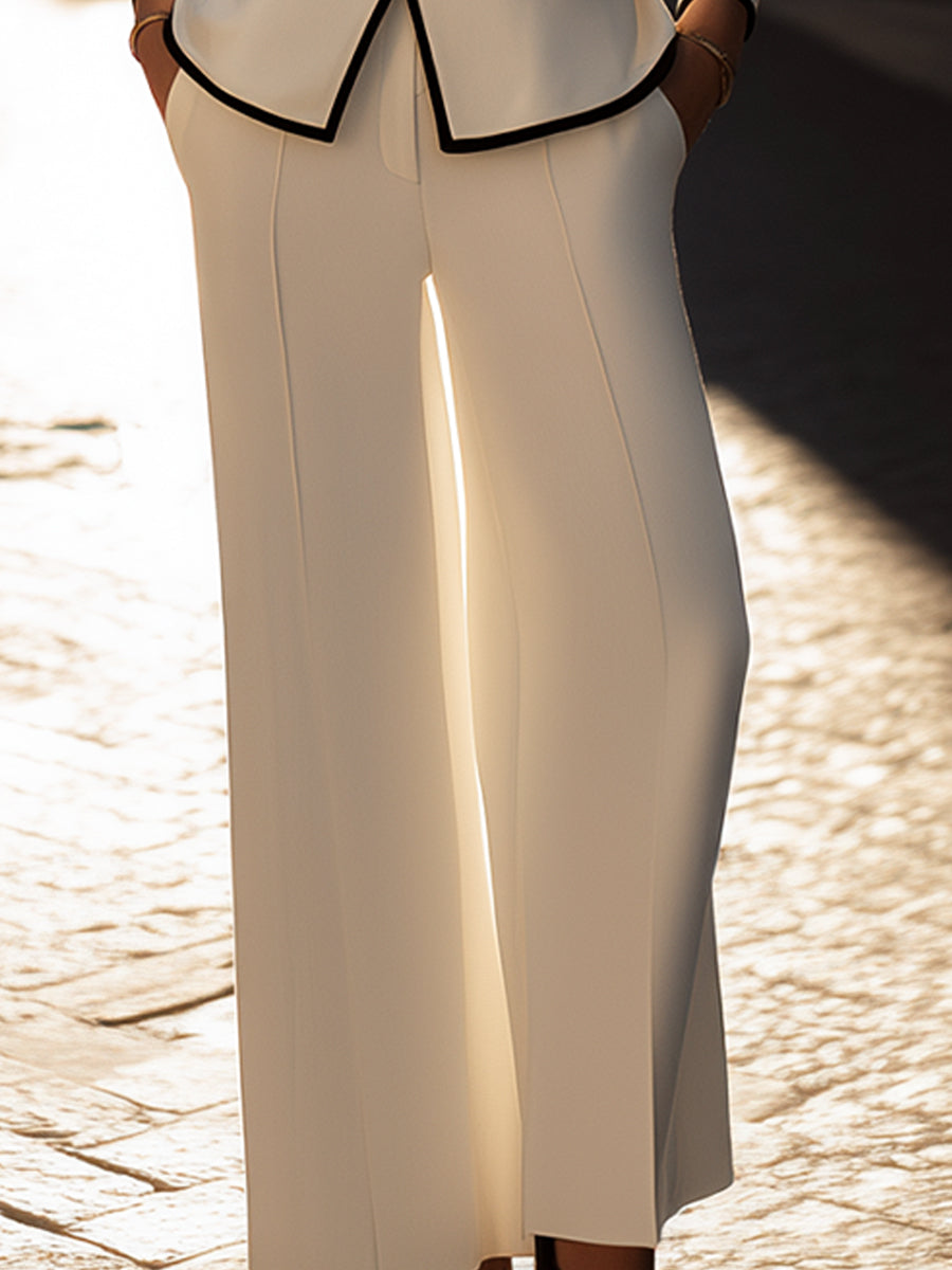 Ivory Piped Wide-Leg Suit Set