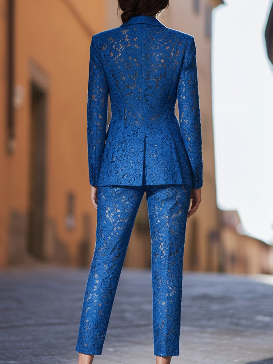 Chic Royal Blue Lace Tailored Suit Set