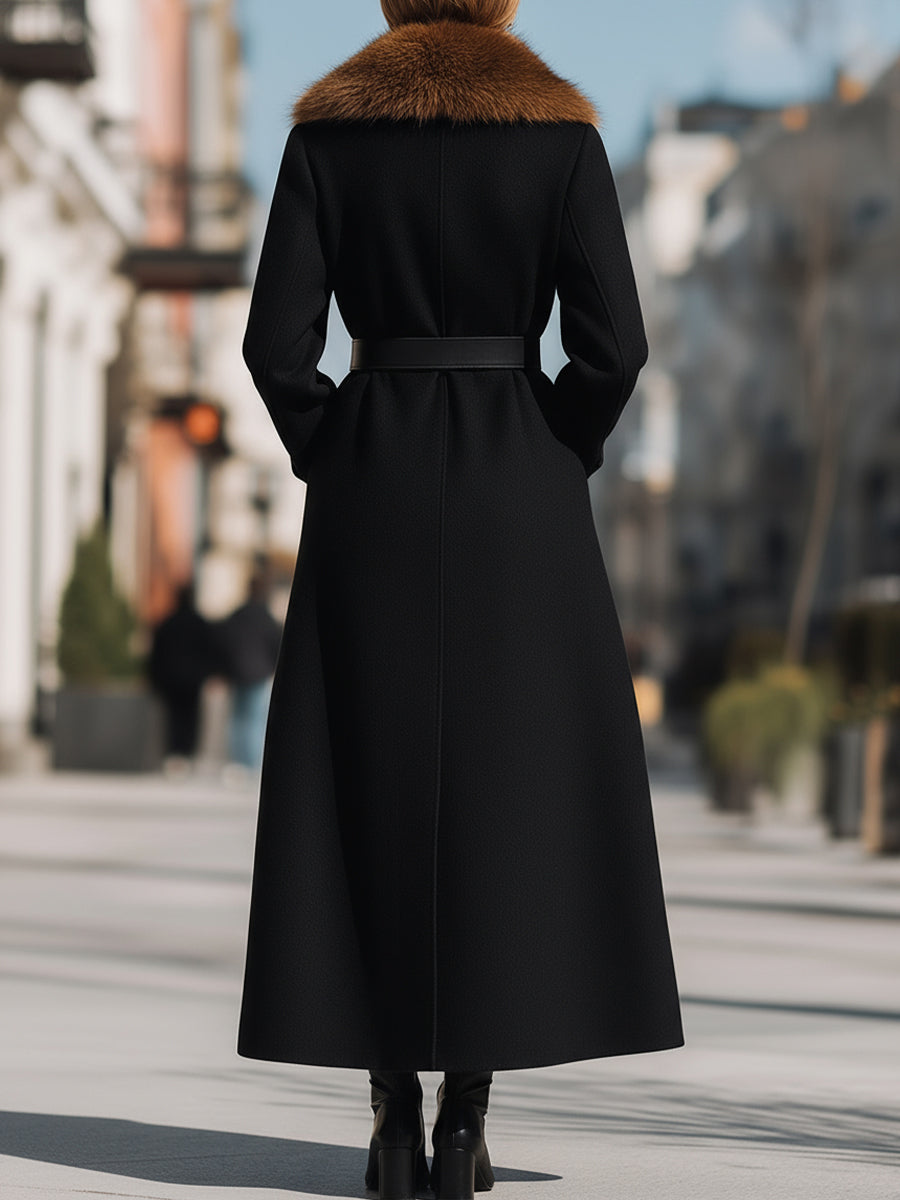Black Wool Coat With Wide Faux Fur Collar