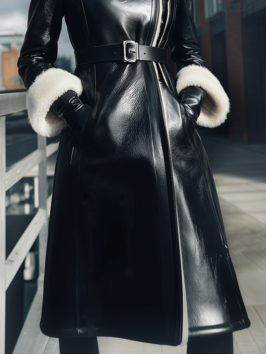 Black Belted Coat With Shearling Collar