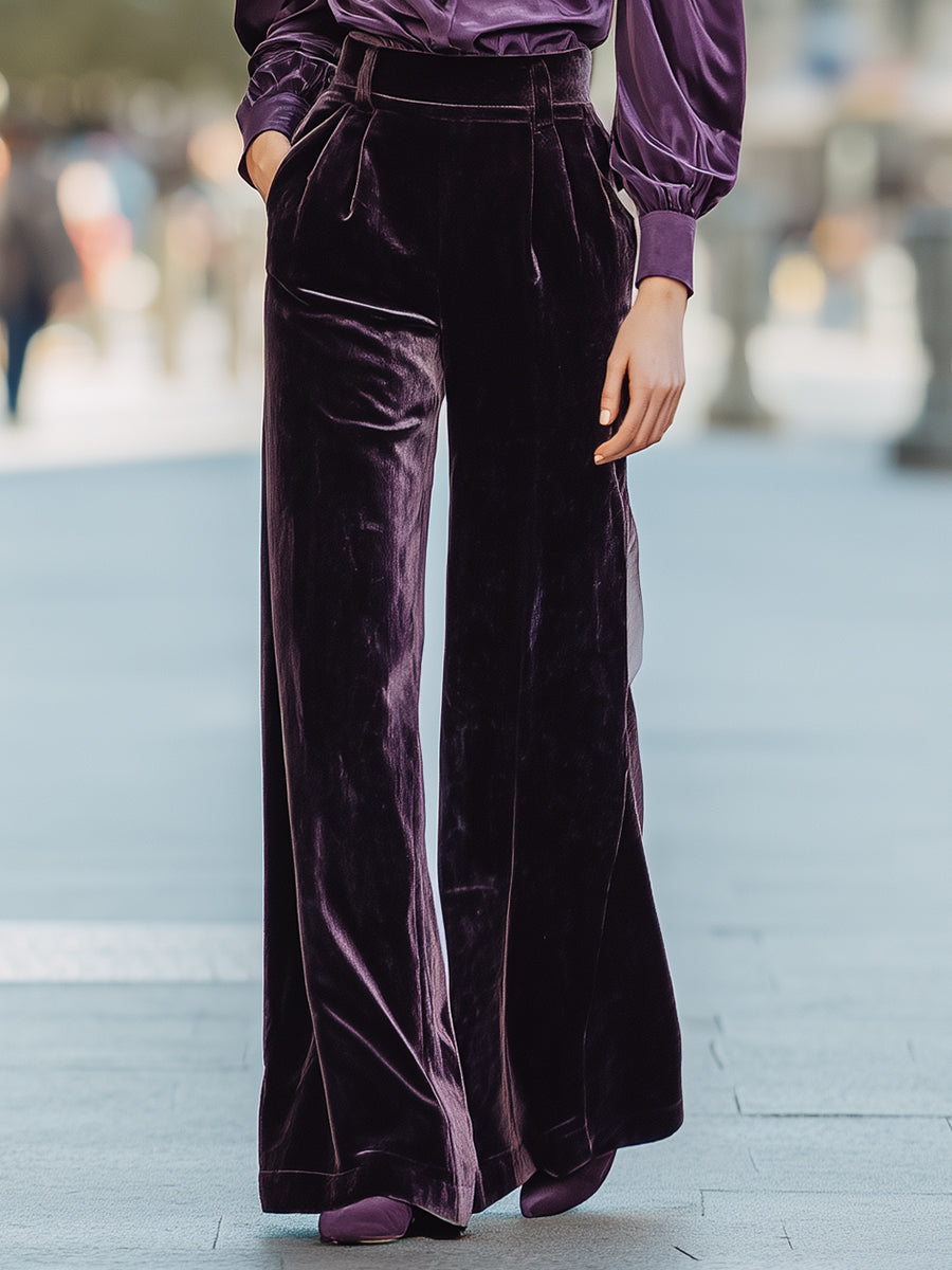 Plum Velvet Shirt And Wide-Leg Trousers Set