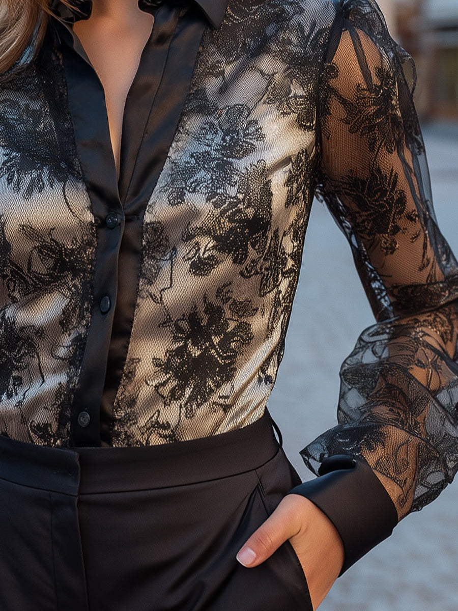 Lace Blouse With Satin Lining And Sheer Sleeves