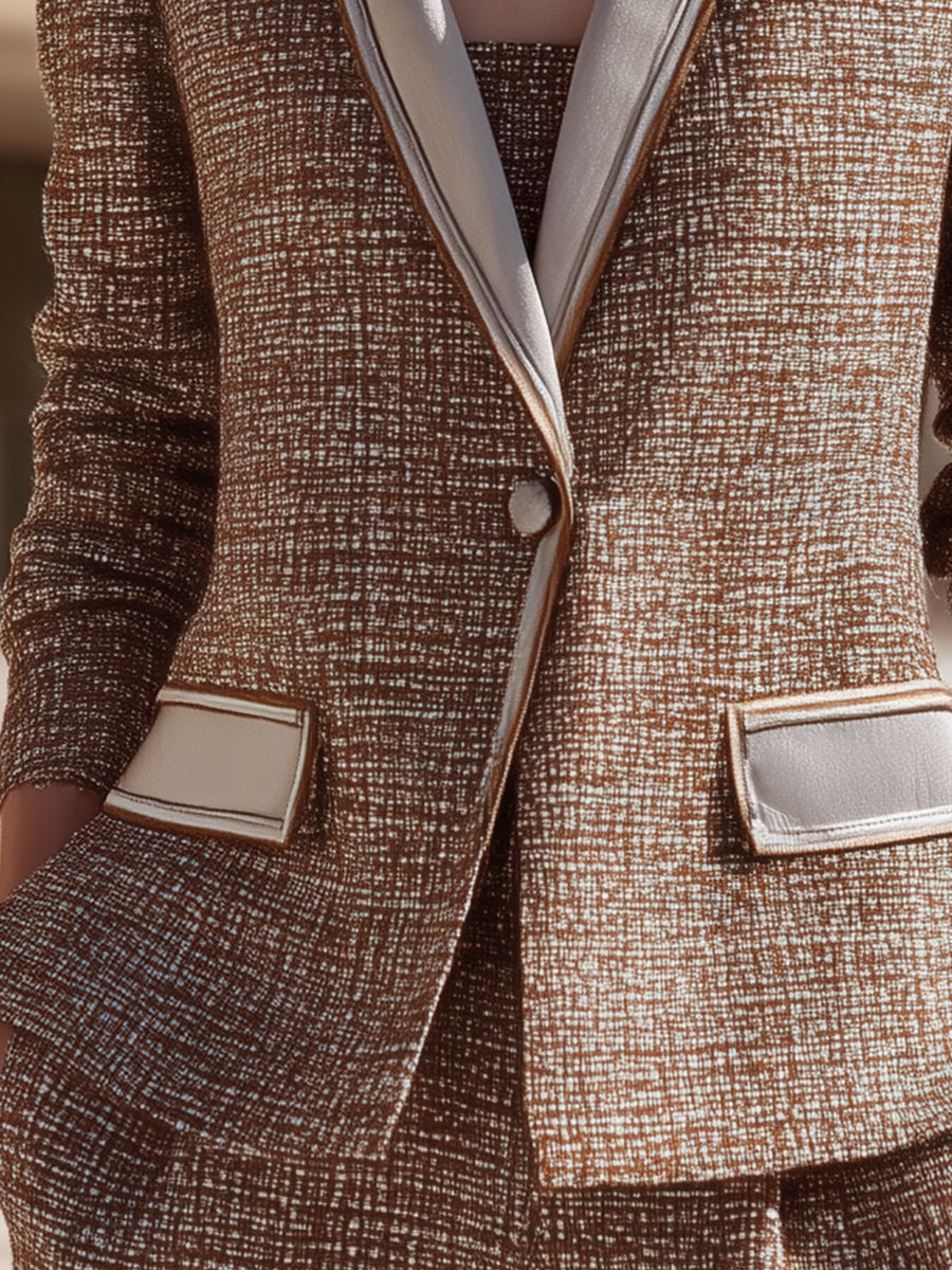 Caramel Contrast Lapel Tweed Blazer