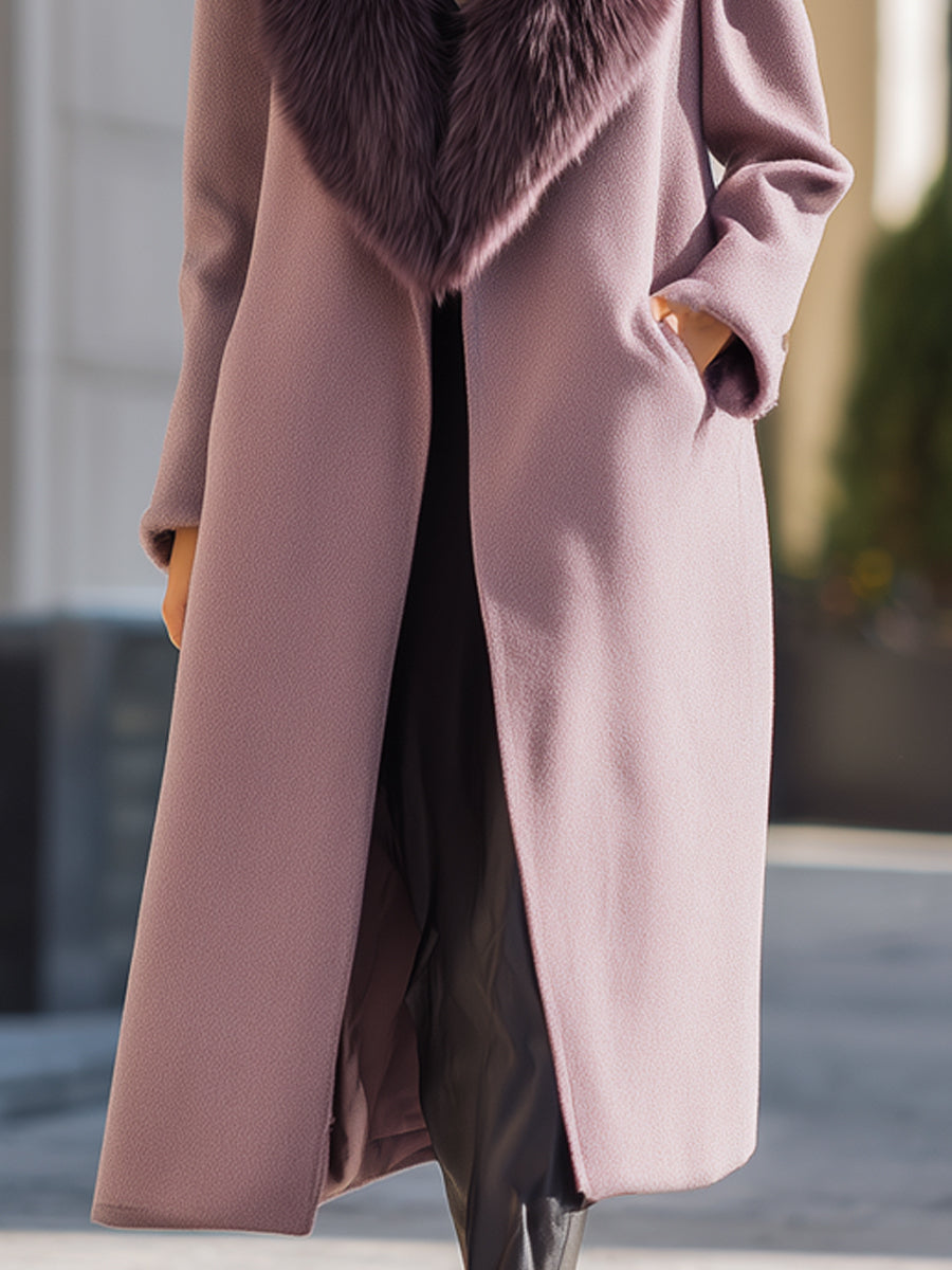 Mauve Wool Coat With Oversized Faux Fur Collar