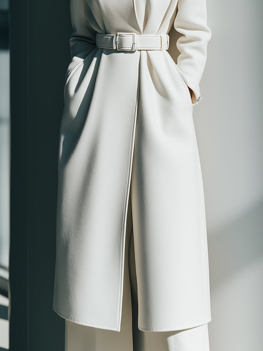 White Belted Minimalist Wool Coat