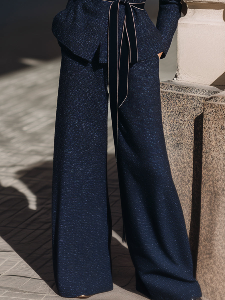 Navy Belted Tweed Suit With Contrast Trim