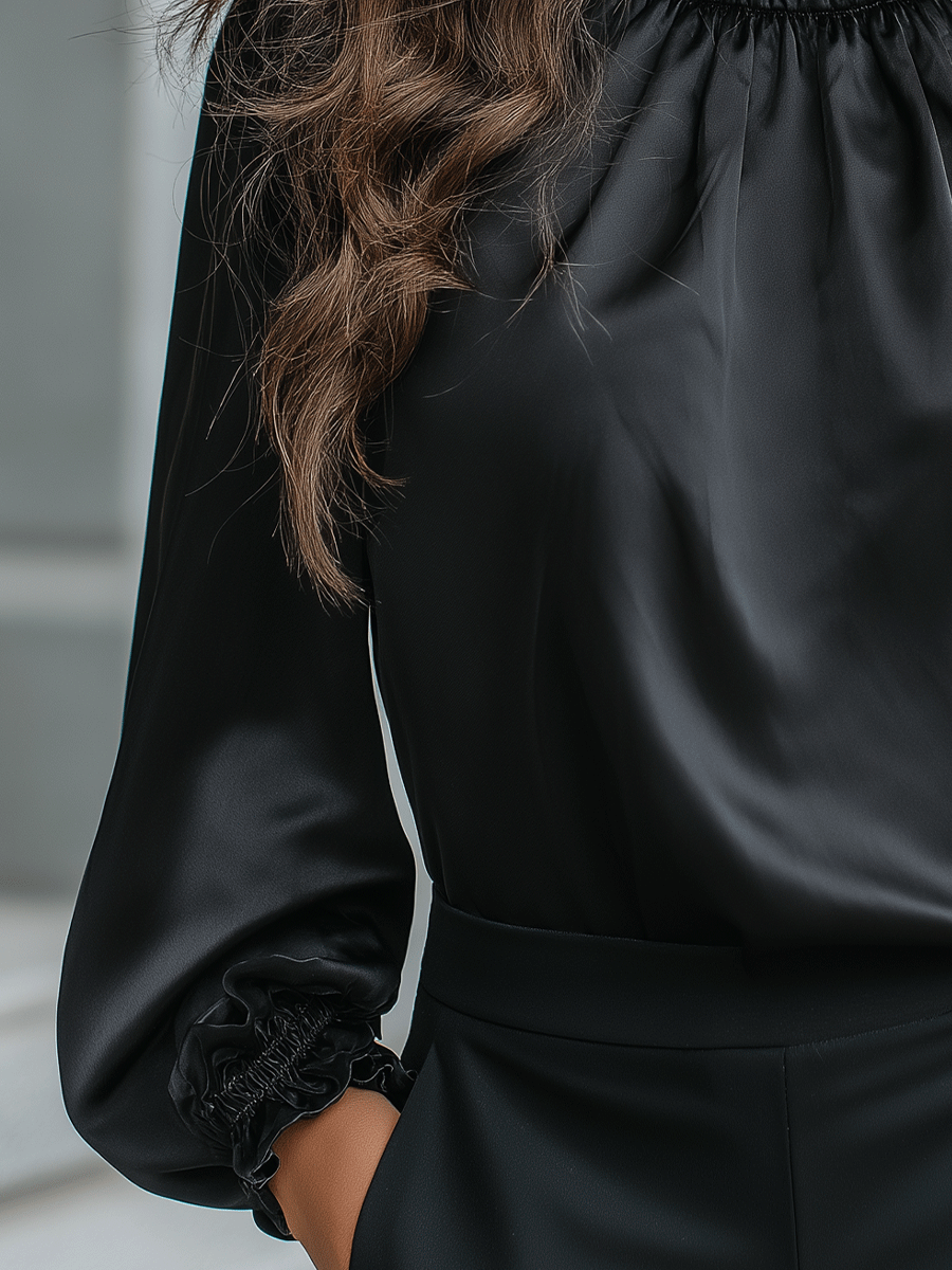 Noir Elegance High-Neck Satin Blouse