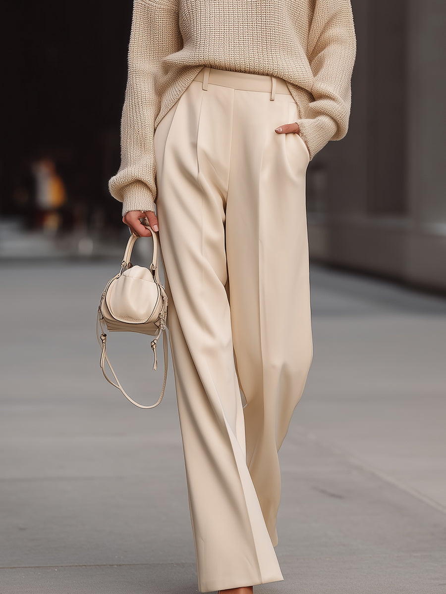 Cozy Beige Knit & Tailored Trousers Set