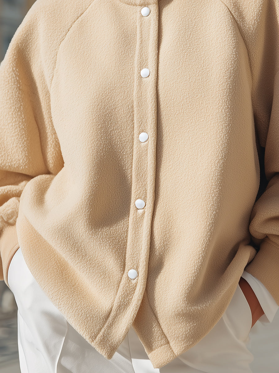 Cozy Beige Fleece Button - Front Jacket