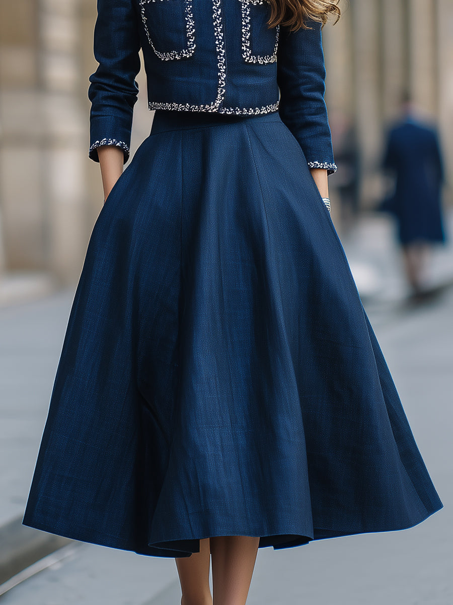 Elegant Silver Trim Cropped Jacket And Midi Skirt Set