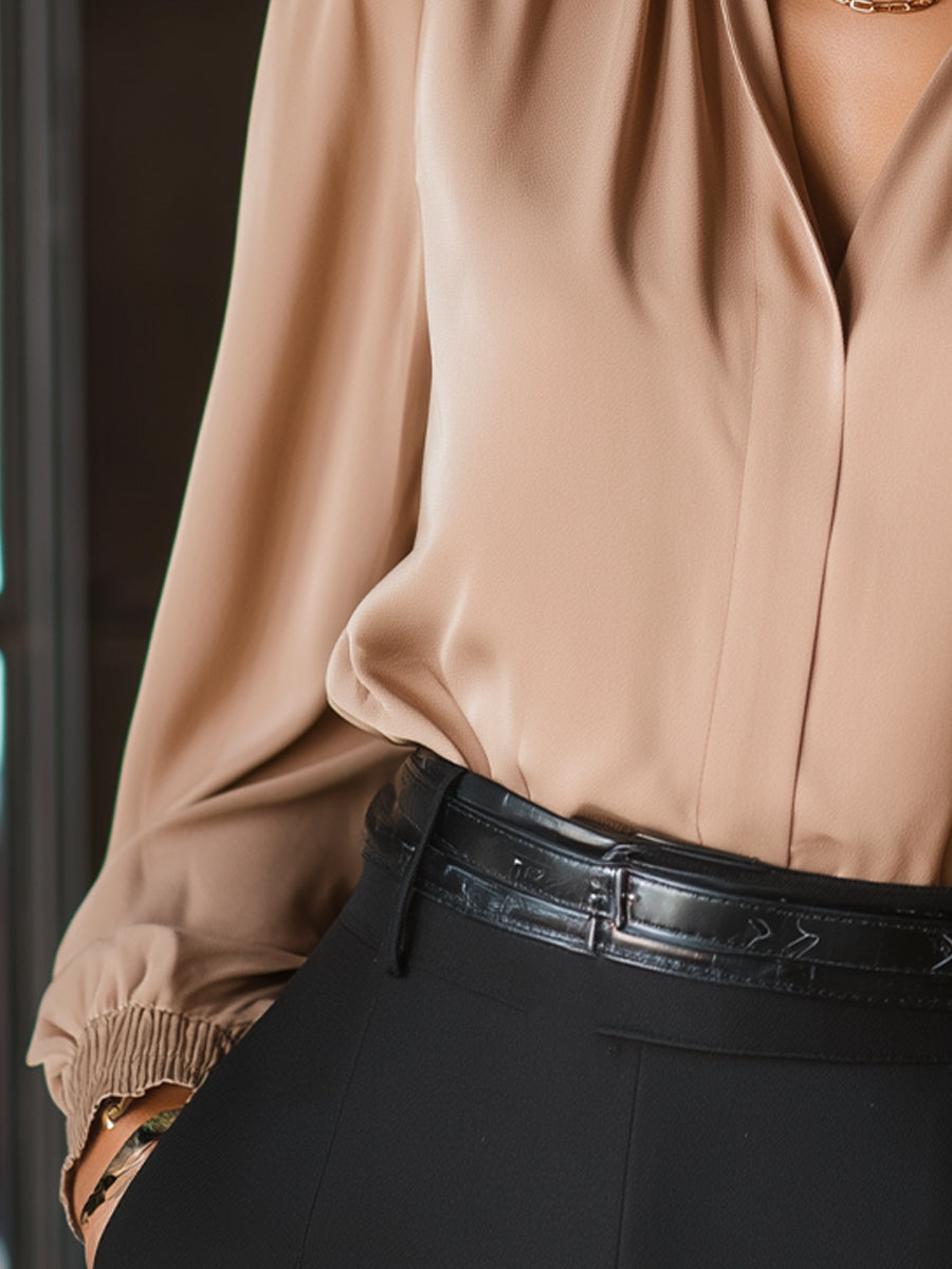 Camel Long-Sleeve Pleated Blouse