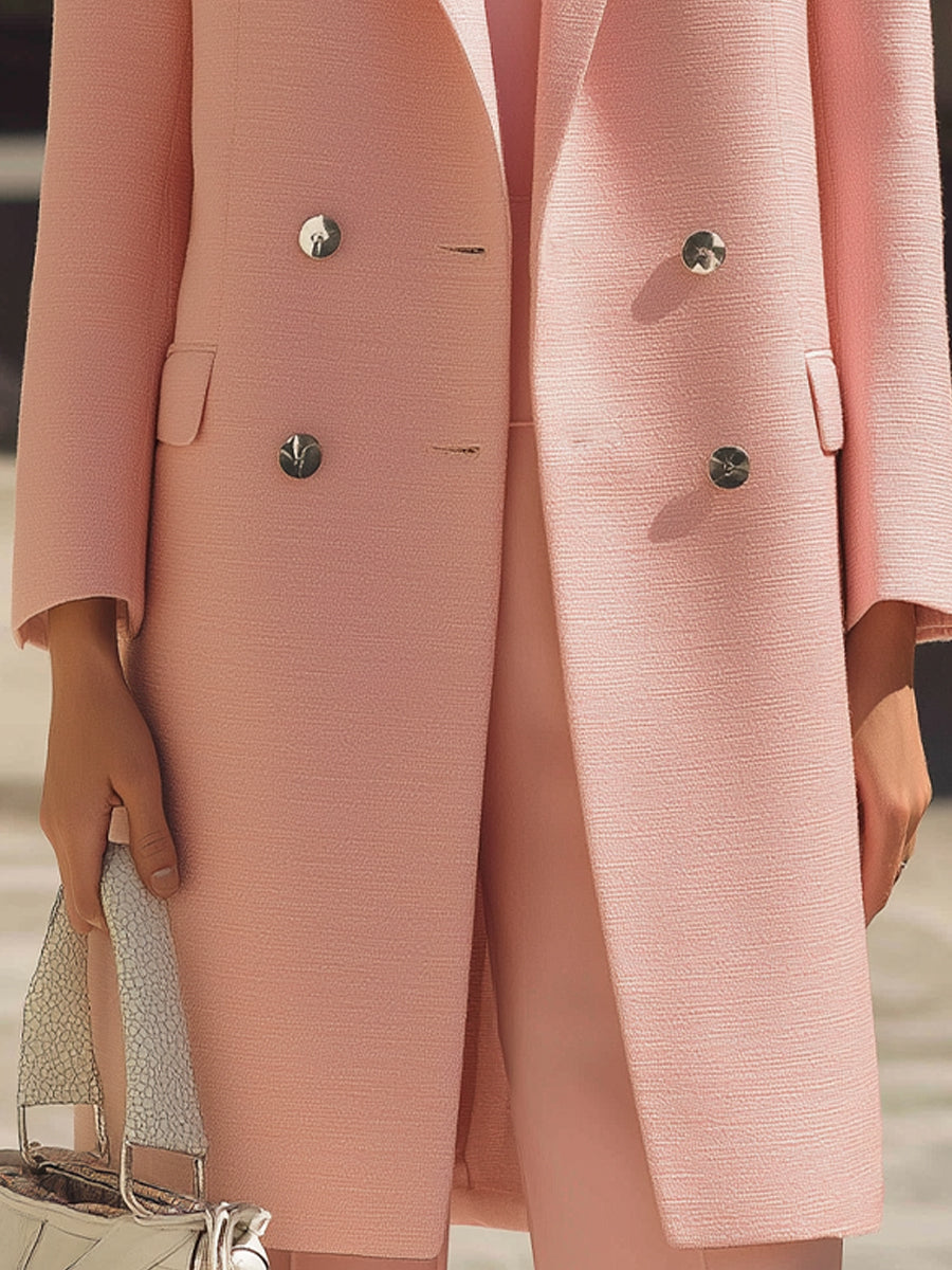Blush Pink Double-Breasted Long Blazer