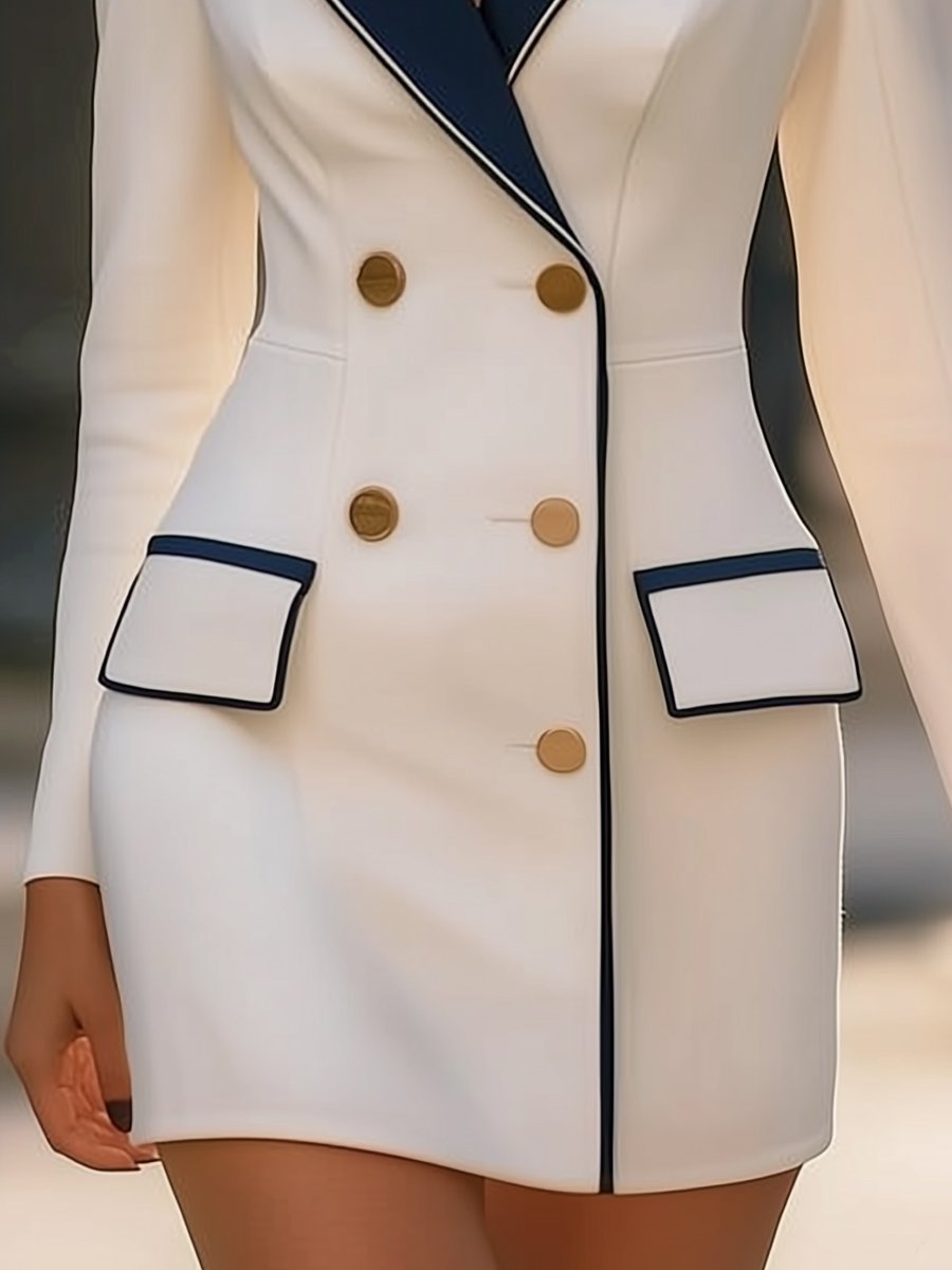White Double-Breasted Blazer Dress with Navy Lapel