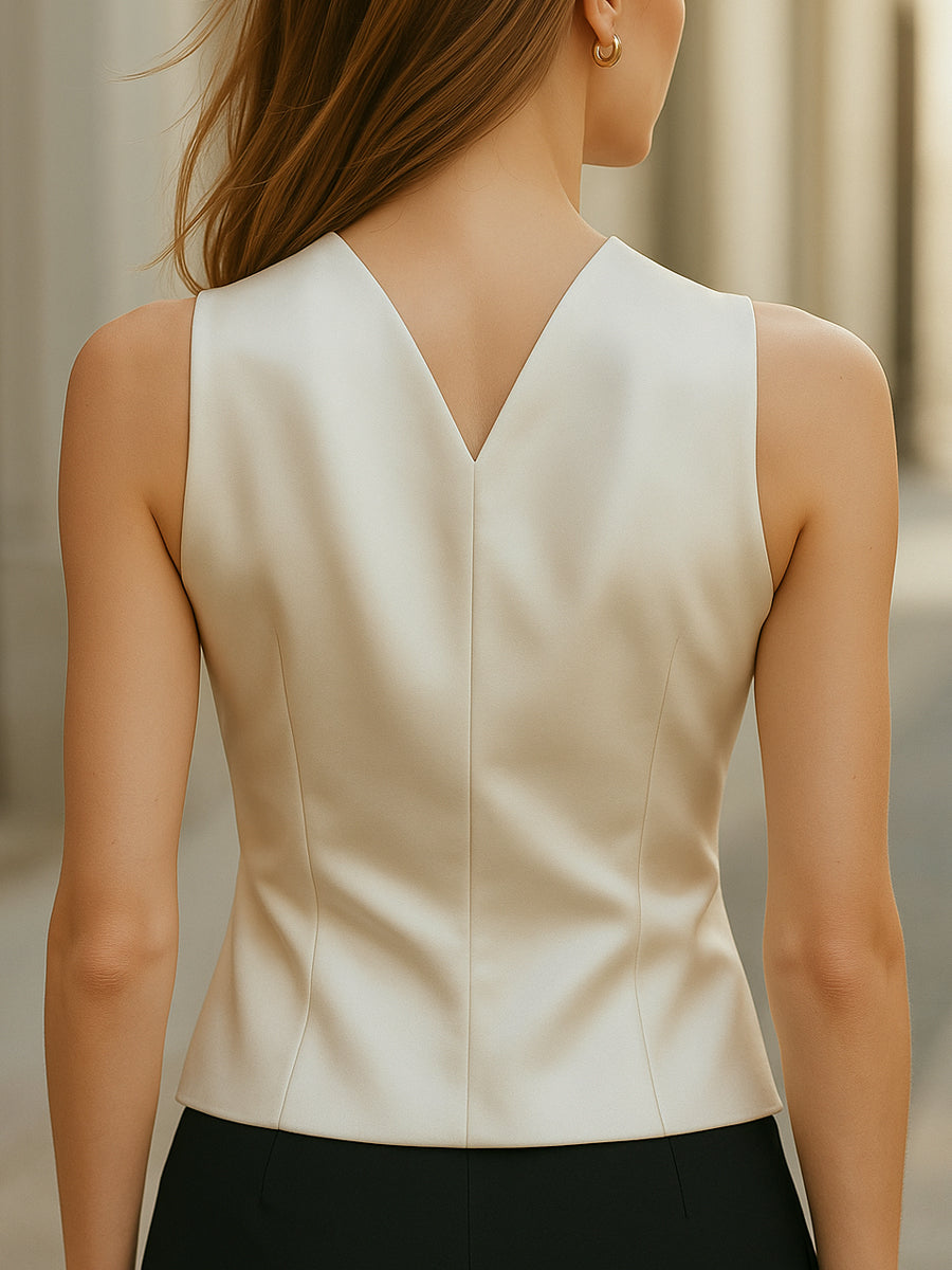 Asymmetric Satin Wrap Blouse with Gold Button