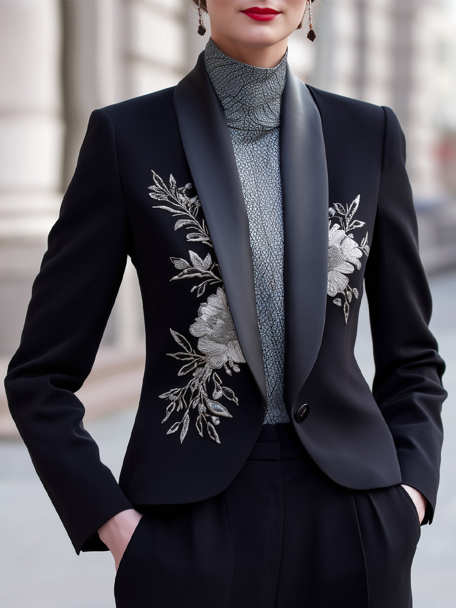 Embroidered Tuxedo Blazer With Satin Lapel