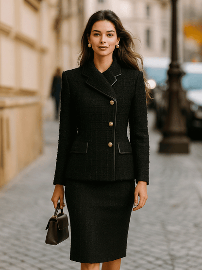 Black Structured Tweed Skirt Suit With Gold Buttons