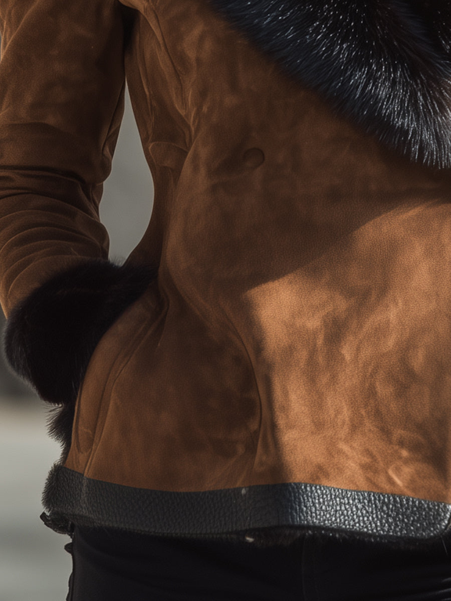 Chestnut Faux Fur Trim Suede Jacket