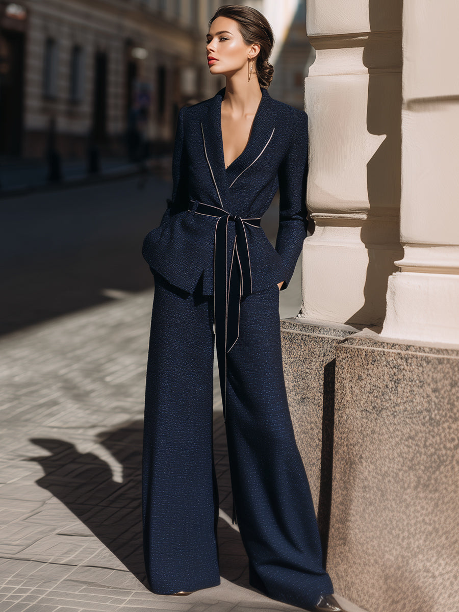 Navy Belted Tweed Suit With Contrast Trim