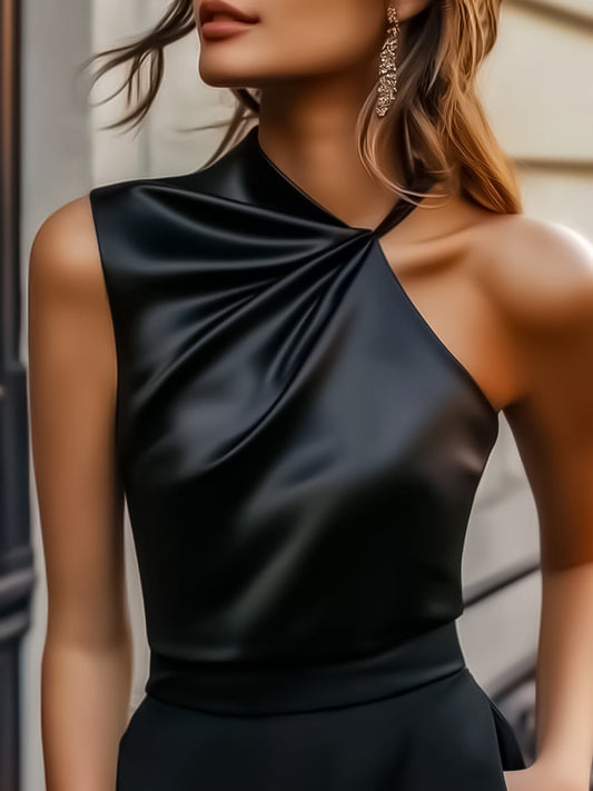 Modern Draped Satin Blouse with Single Strap Detail