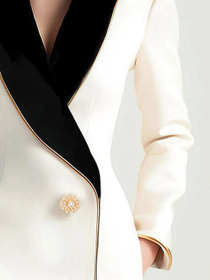 Elegant Asymmetrical White Blazer with Black Contrast Lapels