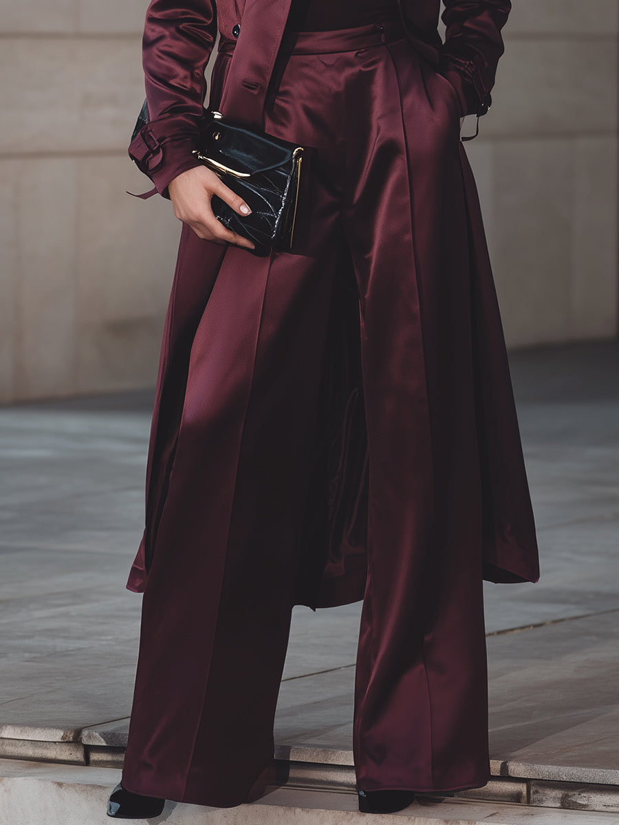 Burgundy Satin Trench Coat And Wide-Leg Trousers Set