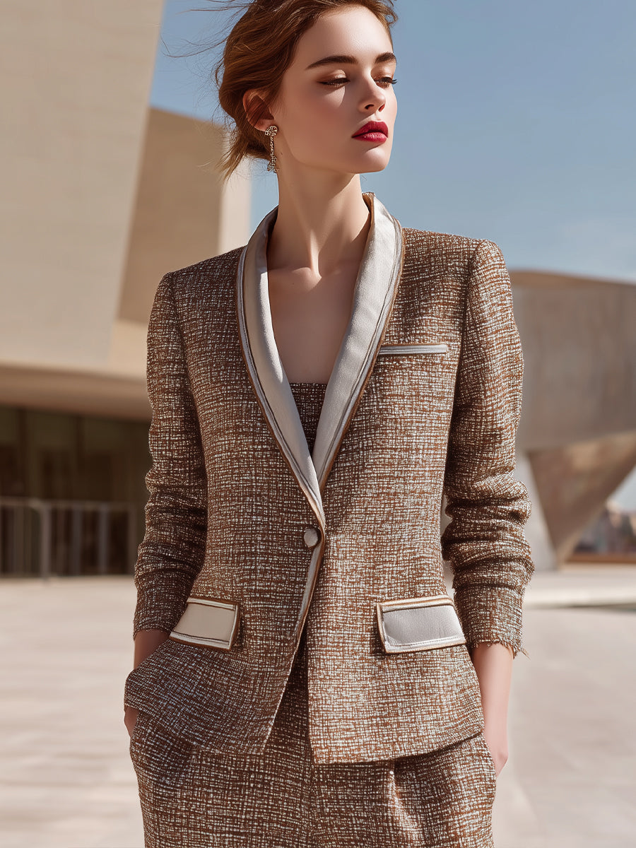 Caramel Contrast Lapel Tweed Blazer