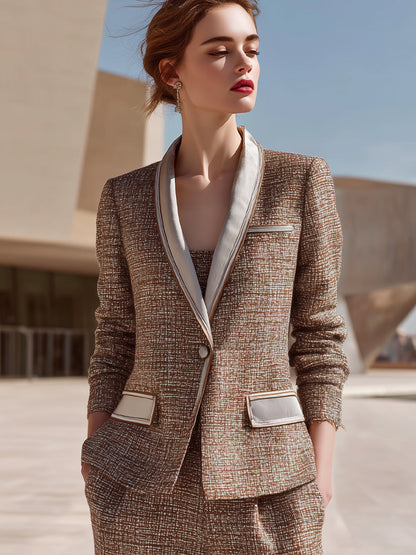 Caramel Contrast Lapel Tweed Blazer