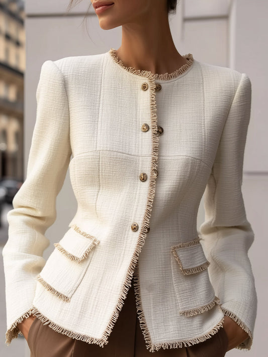 Elegant Cream Textured Blazer With Decorative Trim