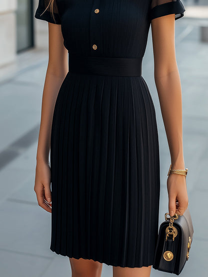 Elegant Sheer High-Neck Button-Up Pleated Dress