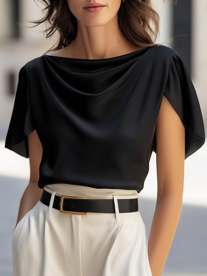 Classic Satin Draped Cap Sleeve Blouse