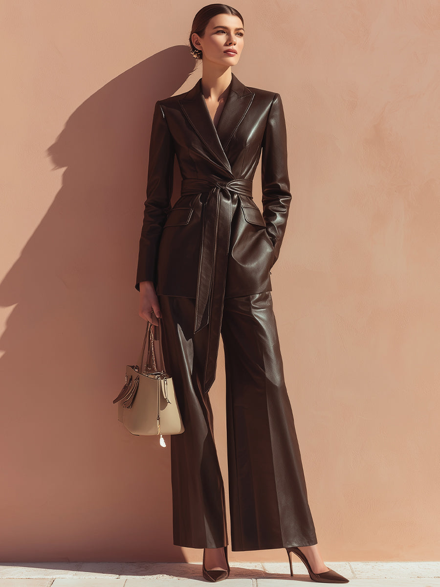 Chocolate Leather Belted Suit