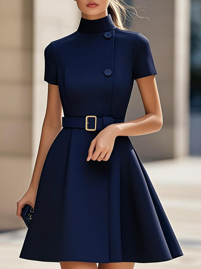 Elegant Black High-Neck Dress with Belted Waist