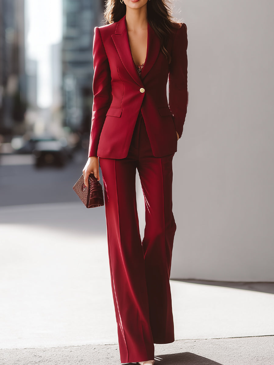 Elegant Wine Red Tailored Suit Set