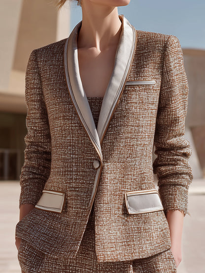 Caramel Contrast Lapel Tweed Blazer