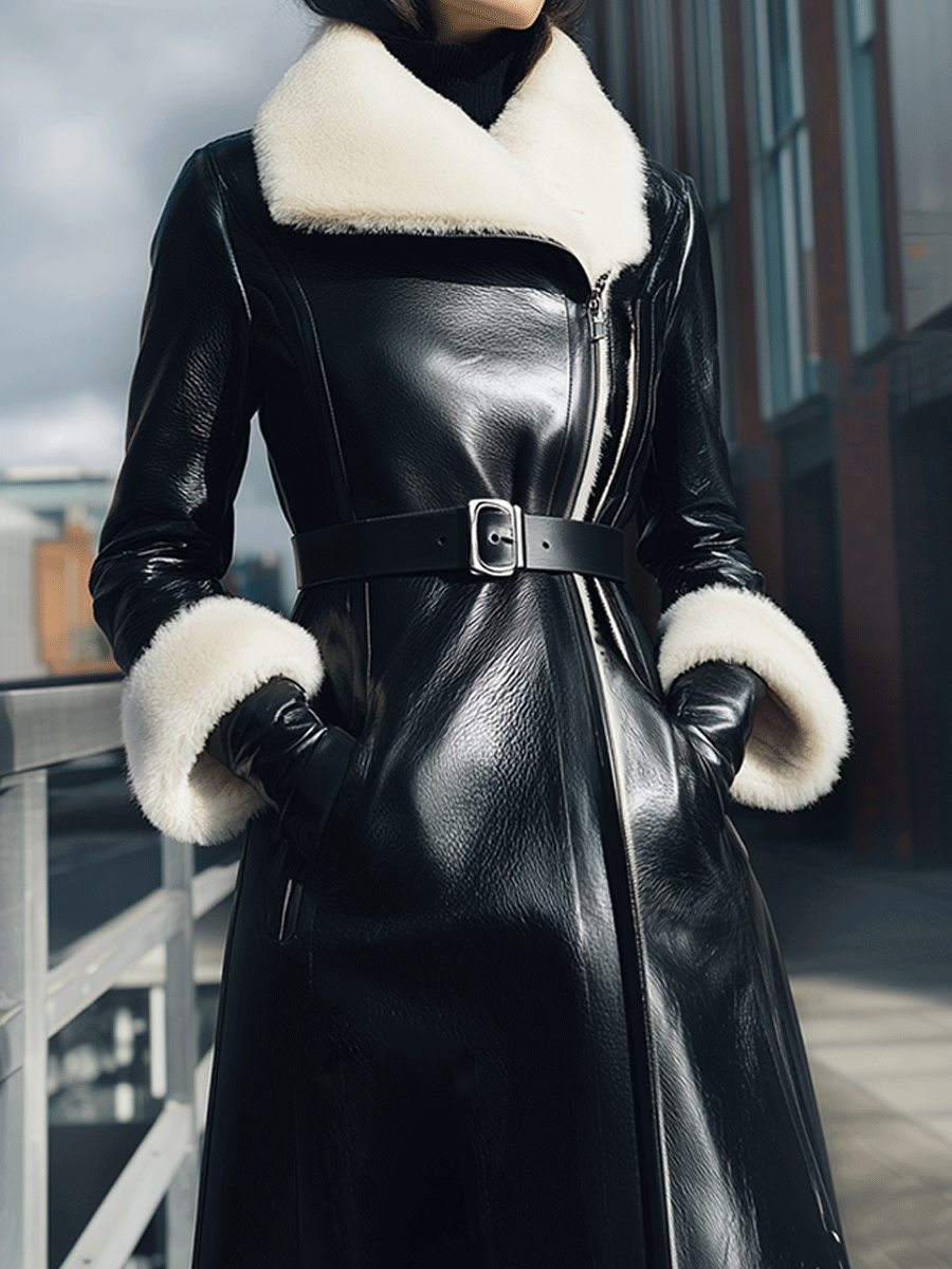 Black Belted Coat With Shearling Collar