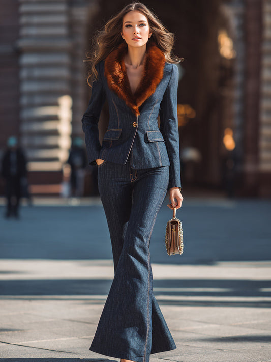 Stylish Denim Suit With Fur Collar