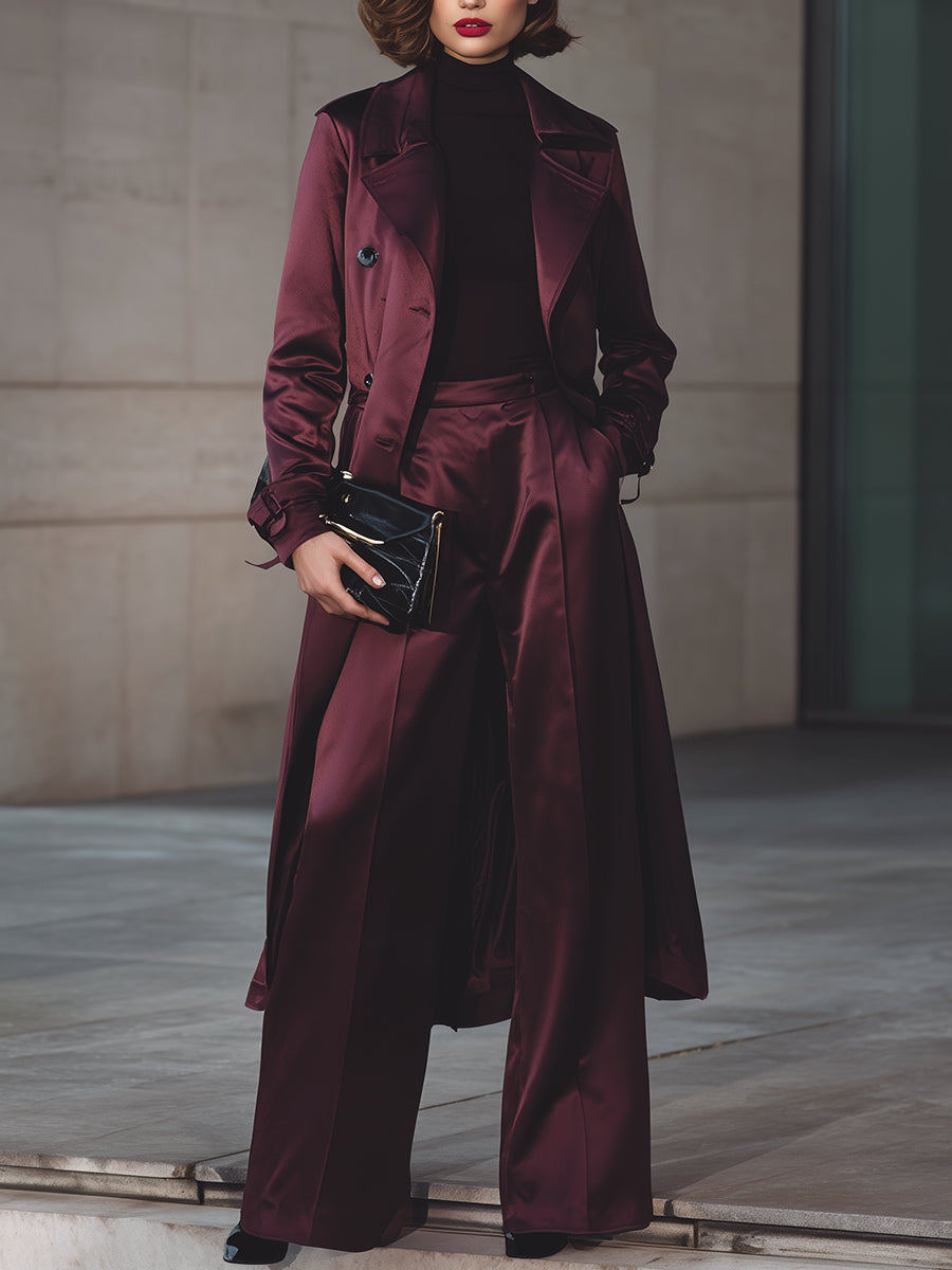 Burgundy Satin Trench Coat And Wide-Leg Trousers Set