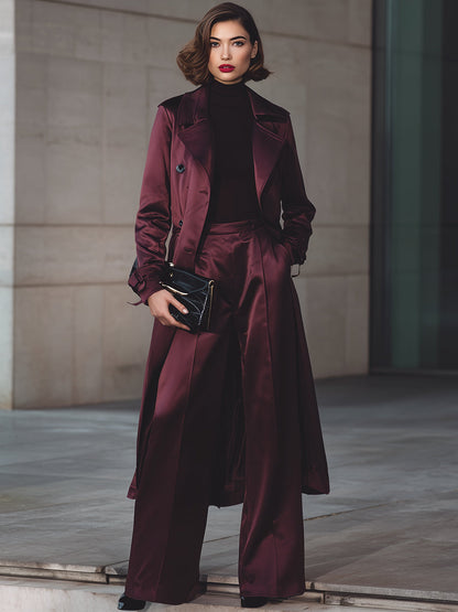 Burgundy Satin Trench Coat And Wide-Leg Trousers Set