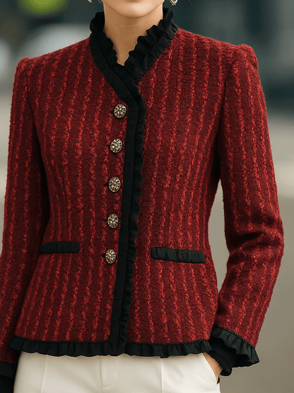 Red Textured Tweed Jacket With Black Ruffle Trim