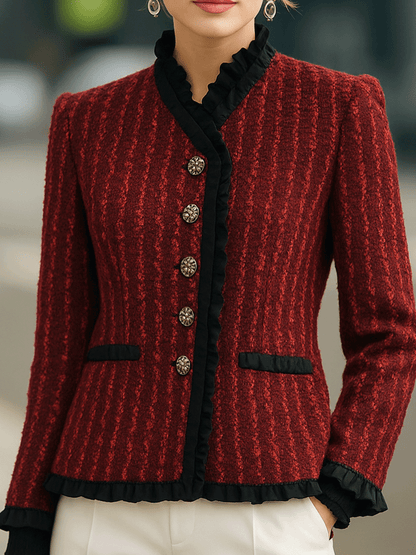 Red Textured Tweed Jacket With Black Ruffle Trim