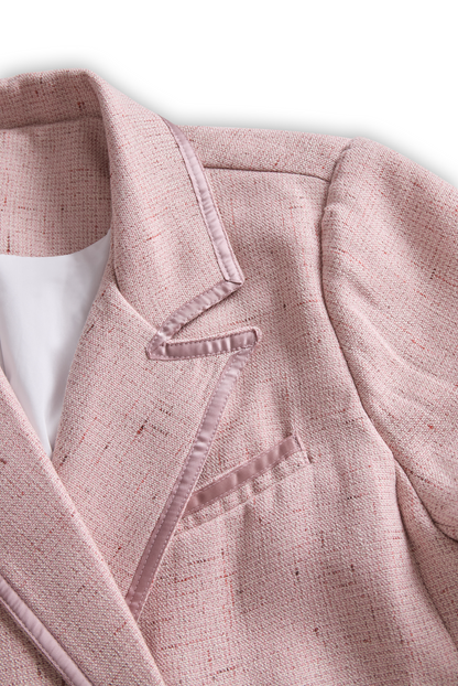 Chic Soft Pink Tweed Suit with Feminine Tailoring and Pearl Accents