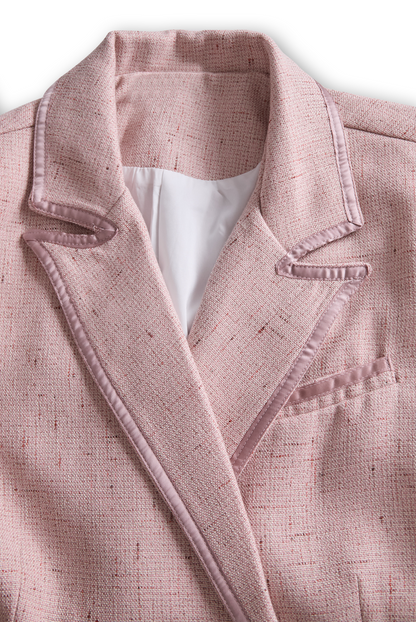 Chic Soft Pink Tweed Suit with Feminine Tailoring and Pearl Accents