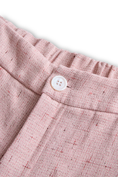 Chic Soft Pink Tweed Suit with Feminine Tailoring and Pearl Accents