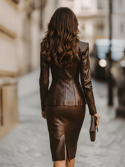Brown Tailored Faux Leather Skirt Suit With Gold Buttons
