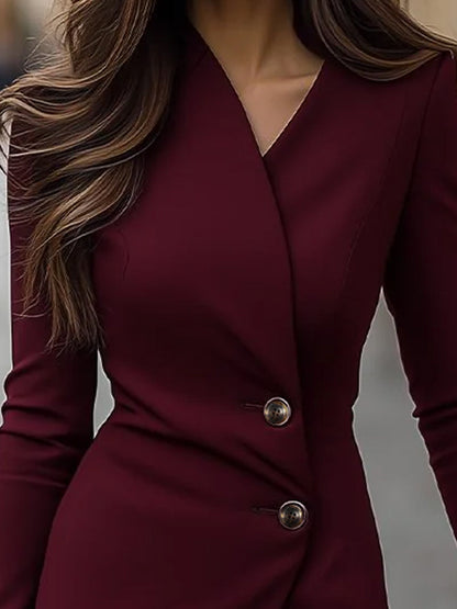 Burgundy Wrap-Style Buttoned Midi Dress