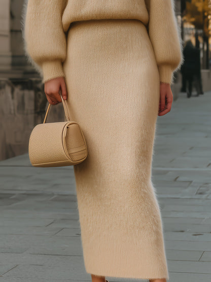 Luxurious Beige Knit Sweater And Skirt Set