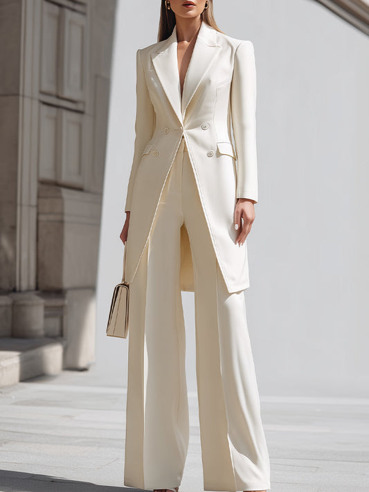 Elegant Cream Longline Blazer And Wide - Leg Pants Set