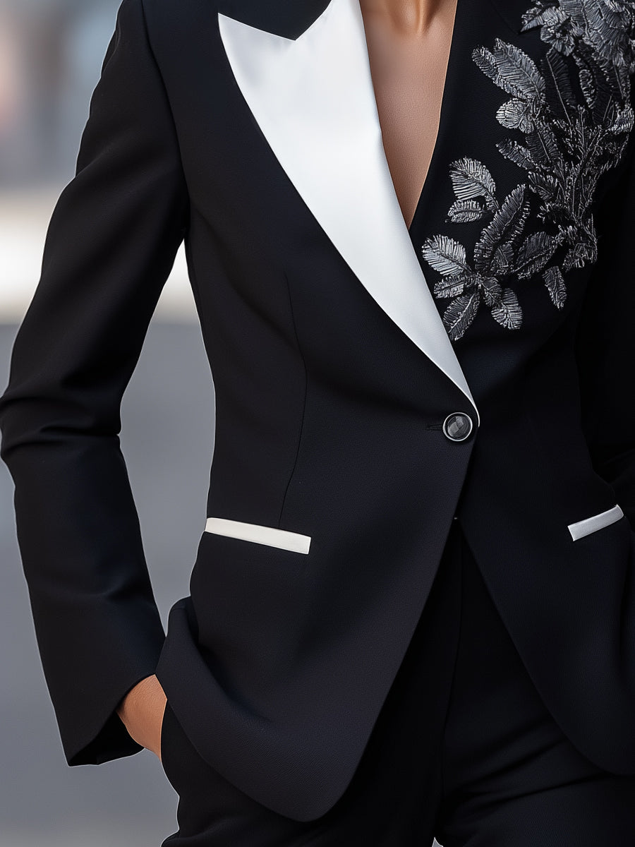 Colorblock Floral Embroidery Lapel Blazer