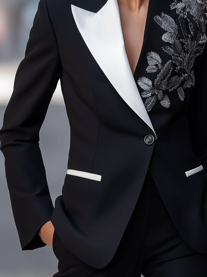 Colorblock Floral Embroidery Lapel Blazer