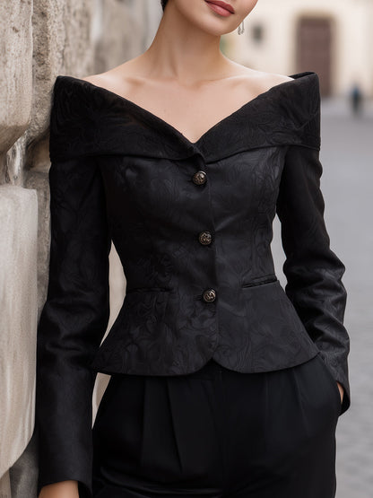 Off-Shoulder Neckline Jacquard Blazer
